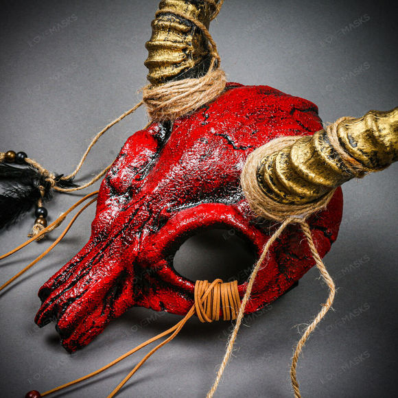 Antelope Devil Animal Skull with Gold Impala Horns Masquerade Mask - Bloody Red - Picture 6 of 10